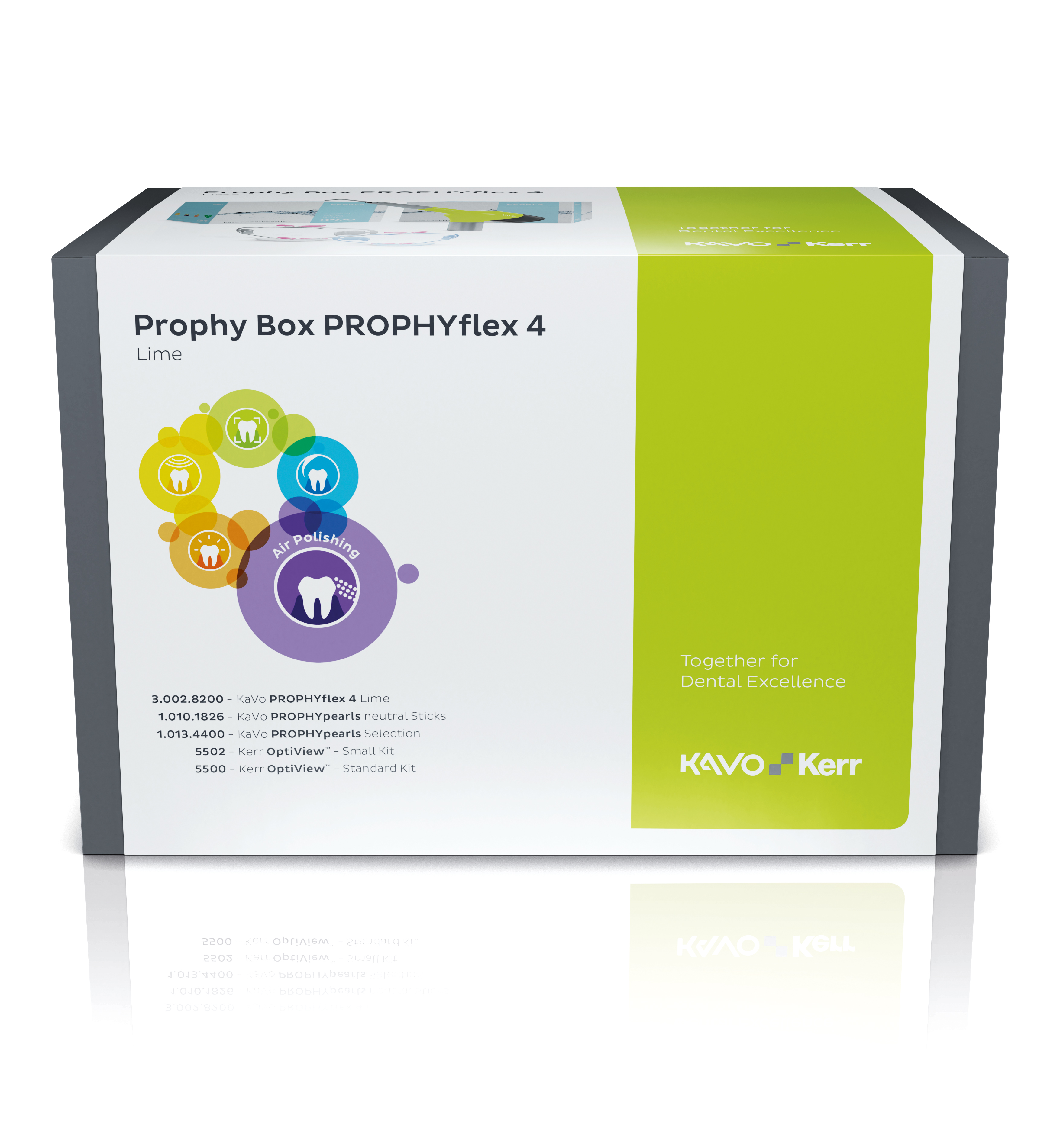 KaVo Prophy Box PROPHYflex 4 Lime, NEUHEIT Pulverstrahl-Handy - Aktions-Set 160 Sticks Pulver & 2x Kerr OptiView Kit